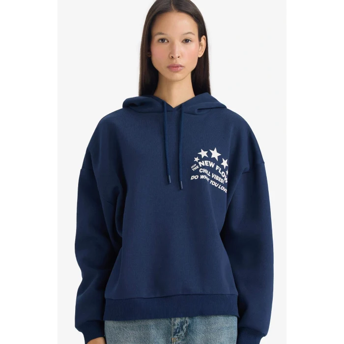 Defacto G3875AXNV248 Lacivert Oversize Geniş Kalıp Kapüşonlu Sırt Baskılı Sweatshirt