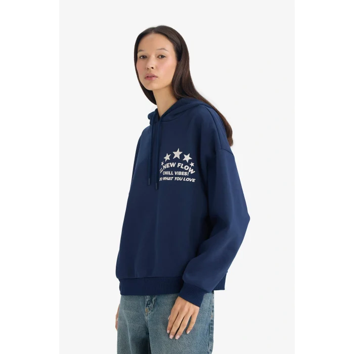Defacto G3875AXNV248 Lacivert Oversize Geniş Kalıp Kapüşonlu Sırt Baskılı Sweatshirt