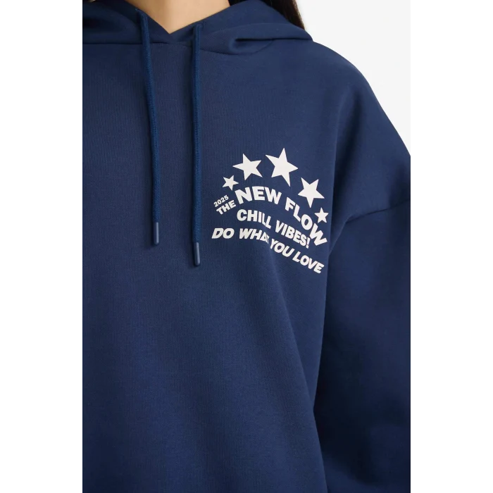 Defacto G3875AXNV248 Lacivert Oversize Geniş Kalıp Kapüşonlu Sırt Baskılı Sweatshirt