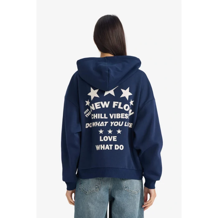 Defacto G3875AXNV248 Lacivert Oversize Geniş Kalıp Kapüşonlu Sırt Baskılı Sweatshirt