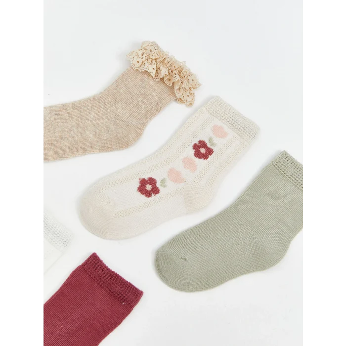 LCW Kids Ekru Çiçekli Kız Bebek Soket Çorap 5li