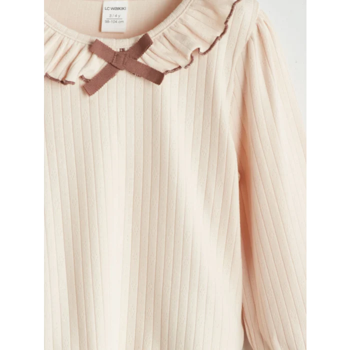 LCW Kids Bej Bebe Yaka Fırfırlı Kız Bebek Bluz ve Tayt Pantolon