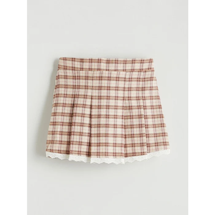 LCW Kids Kahverengi Beli Lastikli Ekose Kız Çocuk Şort Etek ve Külotlu Çorap