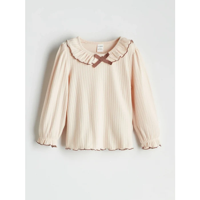 LCW Kids Bej Bebe Yaka Fırfırlı Kız Bebek Bluz ve Tayt Pantolon