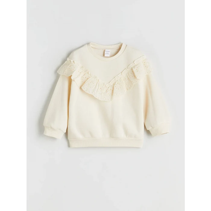 LCW Kids Ekru Bisiklet Yaka Uzun Kollu Nakışlı Kız Çocuk Sweatshirt