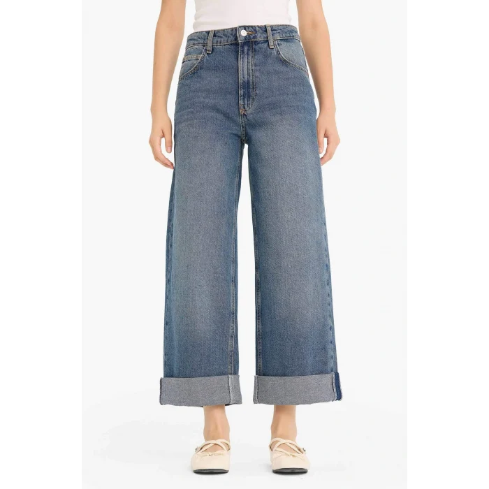 Defacto E9134AXNM34 Mavi Baggy Fit Yüksek Bel Katlamalı Paça Jean Pantolon