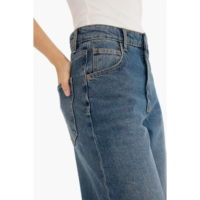 Defacto E9134AXNM34 Mavi Baggy Fit Yüksek Bel Katlamalı Paça Jean Pantolon