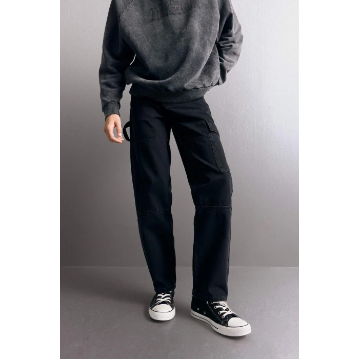 Defacto F2986AXNM40 Siyah %100 Pamuk Relax Fit Geniş Paça Kargo Cepli Jean Pantolon