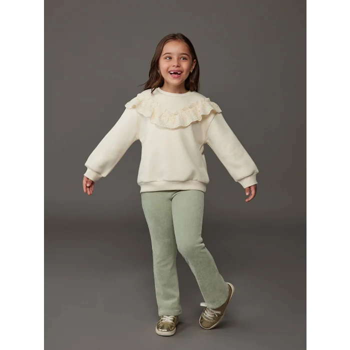 LCW Kids Yeşil Beli Lastikli İspanyol Paça Kadife Kız Çocuk Tayt