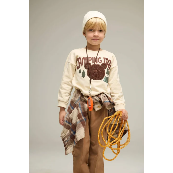 Defacto F7590A5BG286 Bej Erkek Bebek Bisiklet Yaka Ayı Baskılı İçi Yumuşak Tüylü Sweatshirt