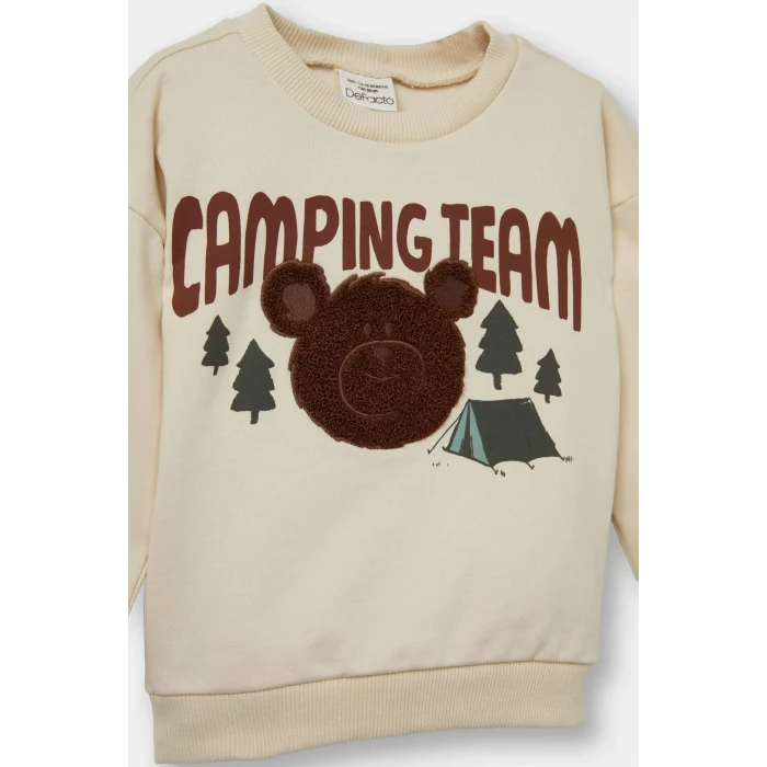 Defacto F7590A5BG286 Bej Erkek Bebek Bisiklet Yaka Ayı Baskılı İçi Yumuşak Tüylü Sweatshirt