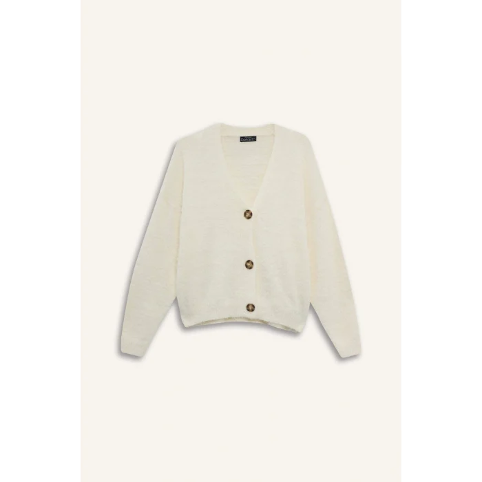 Defacto K7886AZER100 Ekru Oversize Geniş Kalıp V Yaka Triko Hırka