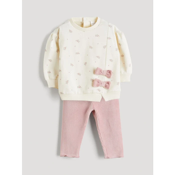 LCW baby Ekru Çiçekli Kız Bebek Sweatshirt ve Tayt