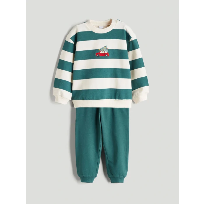 LCW baby Ekru Bisiklet Yaka Çizgili Erkek Bebek Sweatshirt ve Eşofman Alt 2li