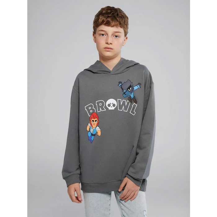 LCW Kids Gri Kapüşonlu Brawl Stars Baskılı Erkek Çocuk Sweatshirt