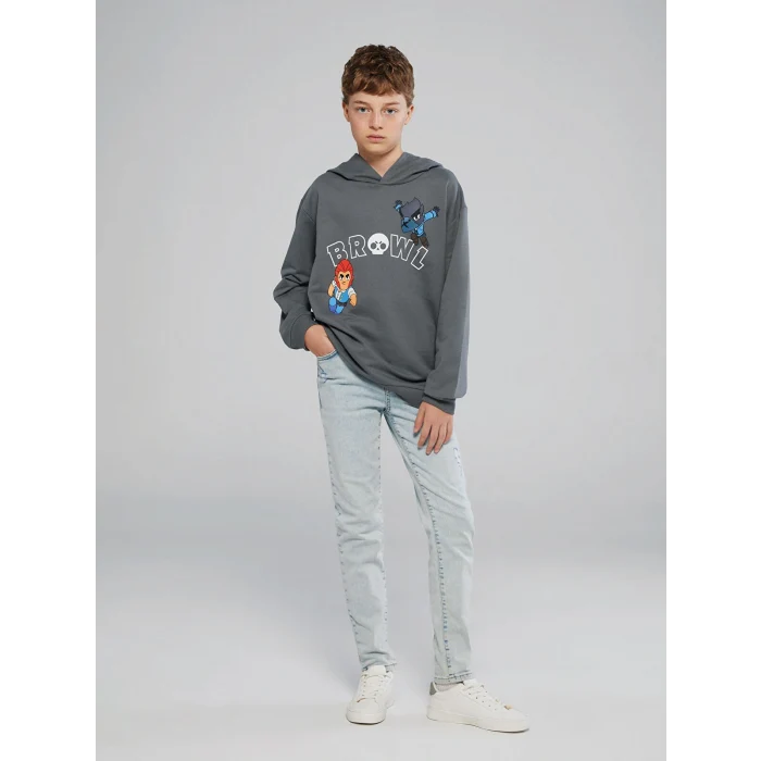 LCW Kids Gri Kapüşonlu Brawl Stars Baskılı Erkek Çocuk Sweatshirt