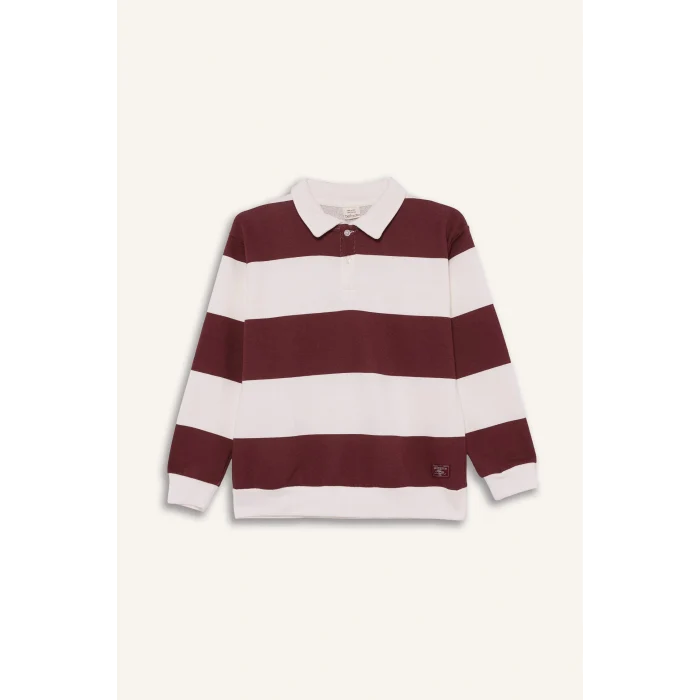 Defacto F5751A8BR303 Bordo Erkek Çocuk Polo Yaka Renk Bloklu Uzun Kollu Tişört