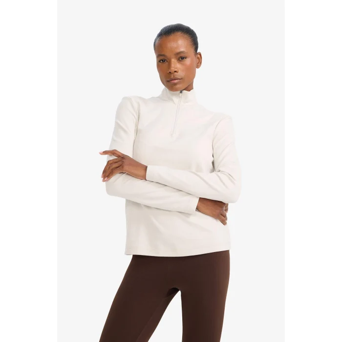 Defacto F1687AXBG721 Bej DeFactoFit Standart Fit Dik Yaka Fermuarlı Sporcu Sweatshirt