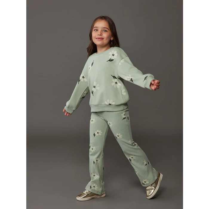 LCW Kids Yeşil Çiçekli Kız Çocuk Sweatshirt ve Tayt Pantolon 2li
