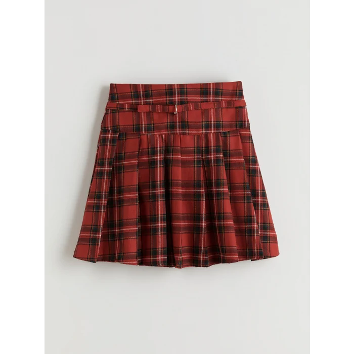 LCW Kids Kırmızı Ekose Pileli Kız Çocuk Etek
