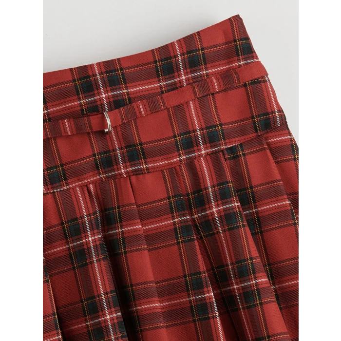 LCW Kids Kırmızı Ekose Pileli Kız Çocuk Etek