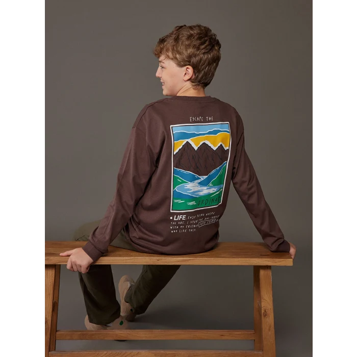 LCW Kids Kahverengi Bisiklet Yaka Baskılı Erkek Çocuk Tişört