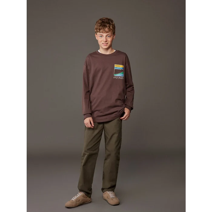 LCW Kids Kahverengi Bisiklet Yaka Baskılı Erkek Çocuk Tişört