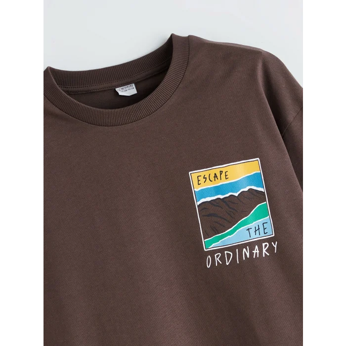 LCW Kids Kahverengi Bisiklet Yaka Baskılı Erkek Çocuk Tişört