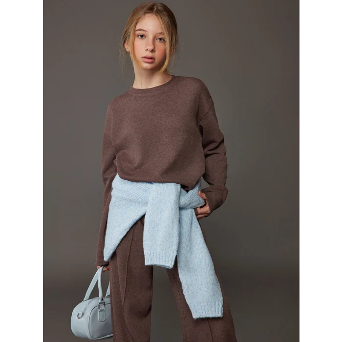 LCW Kids Kahverengi Bisiklet Yaka Kız Çocuk Sweatshirt