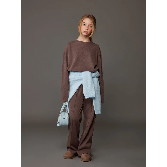 LCW Kids Kahverengi Bisiklet Yaka Kız Çocuk Sweatshirt