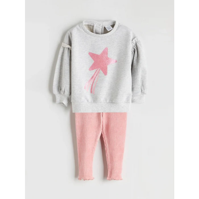 LC WAIKIKI Gri Yıldız Baskılı Kız Bebek Sweatshirt ve Tayt