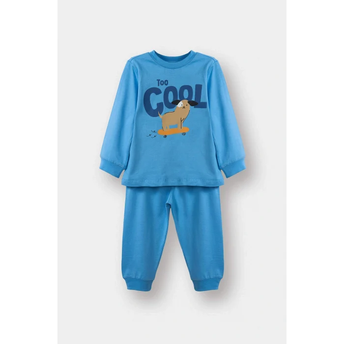 Defacto G4403A5BE339 Mavi Erkek Bebek Pijama Takımı Baskılı Uzun Kollu Penye Üst Uzun Alt