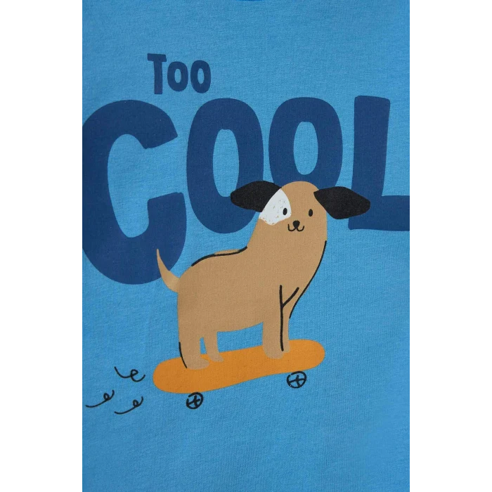 Defacto G4403A5BE339 Mavi Erkek Bebek Pijama Takımı Baskılı Uzun Kollu Penye Üst Uzun Alt