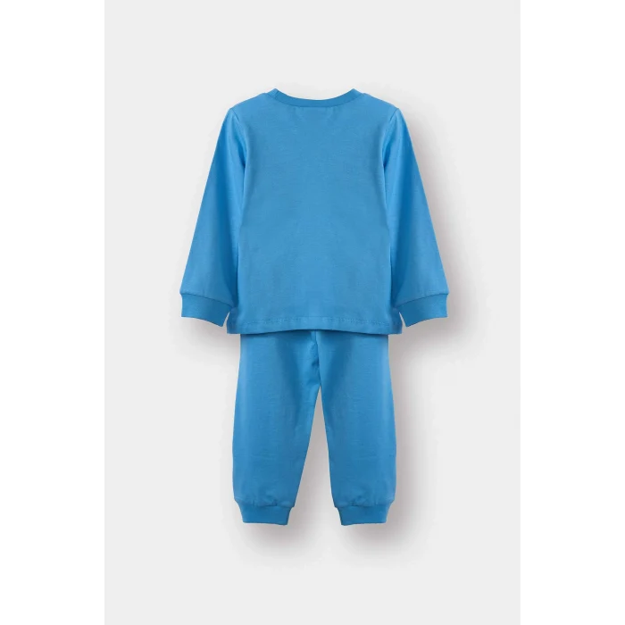Defacto G4403A5BE339 Mavi Erkek Bebek Pijama Takımı Baskılı Uzun Kollu Penye Üst Uzun Alt