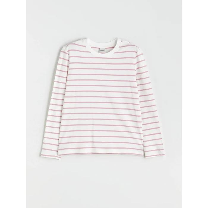 LCW Kids Pembe Bisiklet Yaka Çizgili Kız Çocuk Tişört
