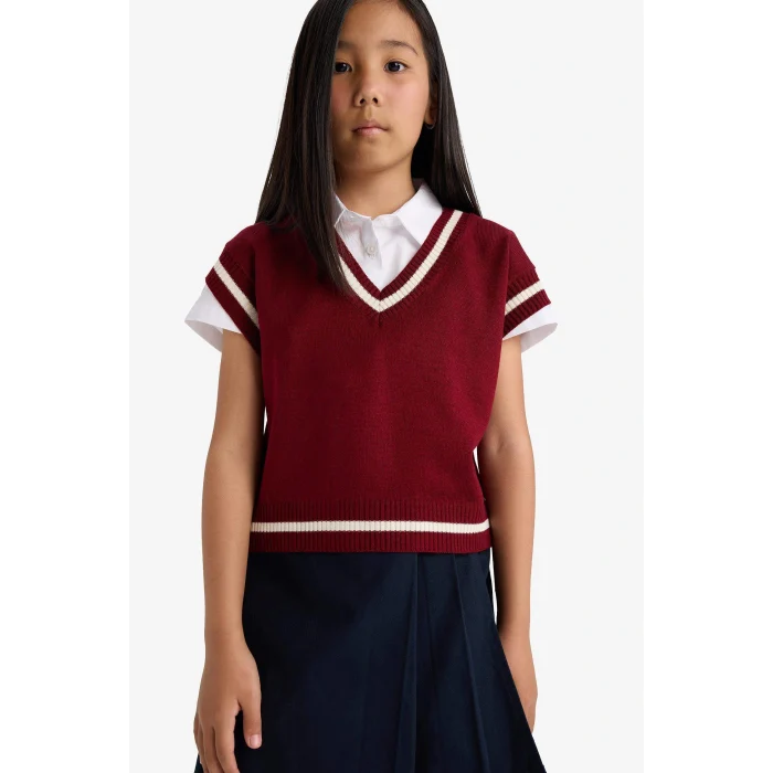 Defacto E7709A8BR205 Bordo Kız Çocuk Okula Dönüş Standart Fit Triko Süveter