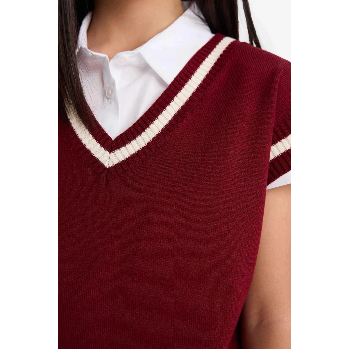 Defacto E7709A8BR205 Bordo Kız Çocuk Okula Dönüş Standart Fit Triko Süveter