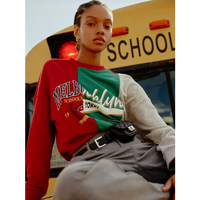 LCW Vision Kırmızı Bisiklet Yaka Renk Bloklu Uzun Kollu Kadın Sweatshirt