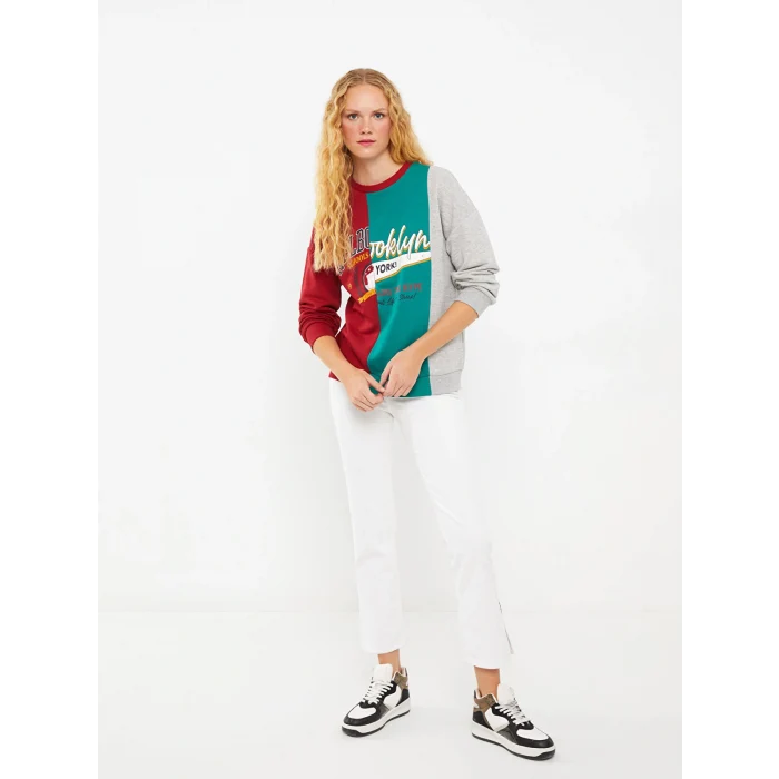 LCW Vision Kırmızı Bisiklet Yaka Renk Bloklu Uzun Kollu Kadın Sweatshirt