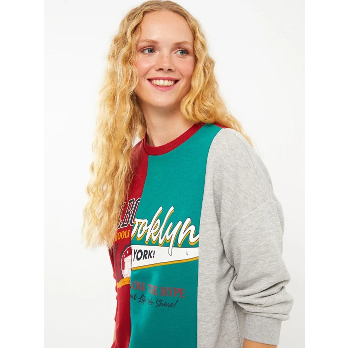 LCW Vision Kırmızı Bisiklet Yaka Renk Bloklu Uzun Kollu Kadın Sweatshirt