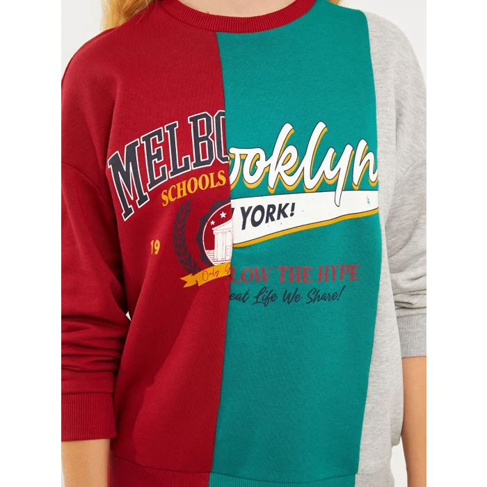 LCW Vision Kırmızı Bisiklet Yaka Renk Bloklu Uzun Kollu Kadın Sweatshirt