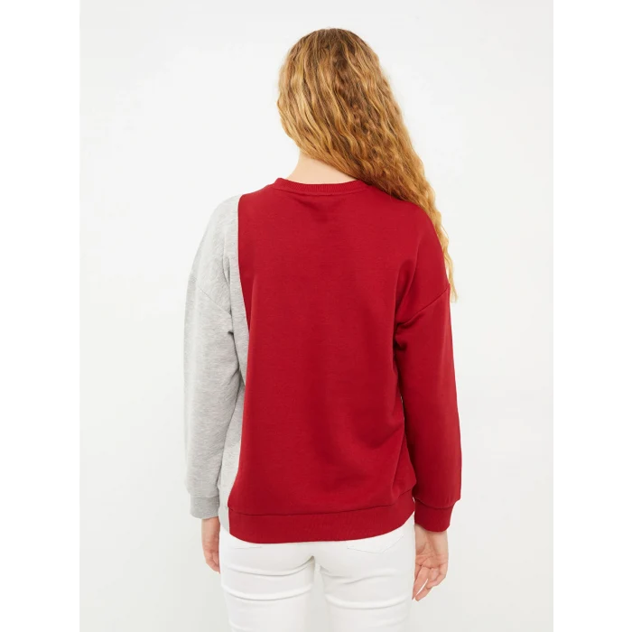 LCW Vision Kırmızı Bisiklet Yaka Renk Bloklu Uzun Kollu Kadın Sweatshirt