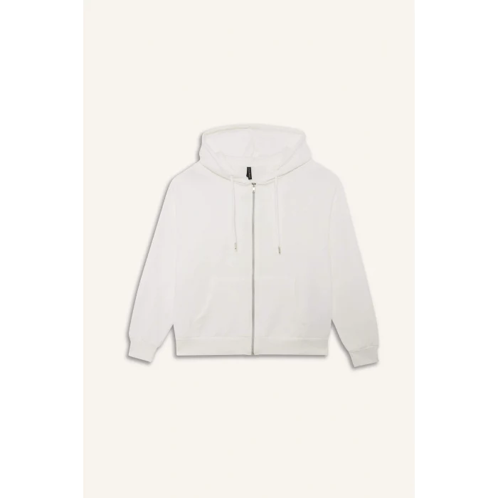 Defacto C1809AXER105 Ekru Relax Fit Kapüşonlu Basic Düz Kalın Fermuarlı Sweatshirt