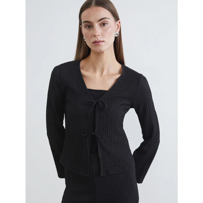 LCWAIKIKI Classic Siyah V Yaka Bağlamalı Dokulu Bluz