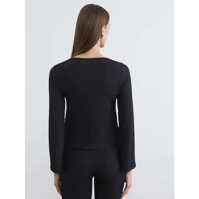 LCWAIKIKI Classic Siyah V Yaka Bağlamalı Dokulu Bluz