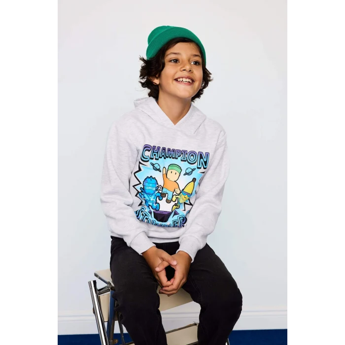 Defacto G0054A8GR400 Gri Erkek Çocuk Stumble Guys Kapüşonlu İçi Yumuşak Tüylü Sweatshirt