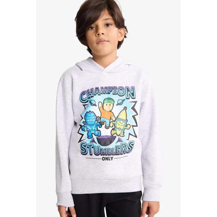Defacto G0054A8GR400 Gri Erkek Çocuk Stumble Guys Kapüşonlu İçi Yumuşak Tüylü Sweatshirt