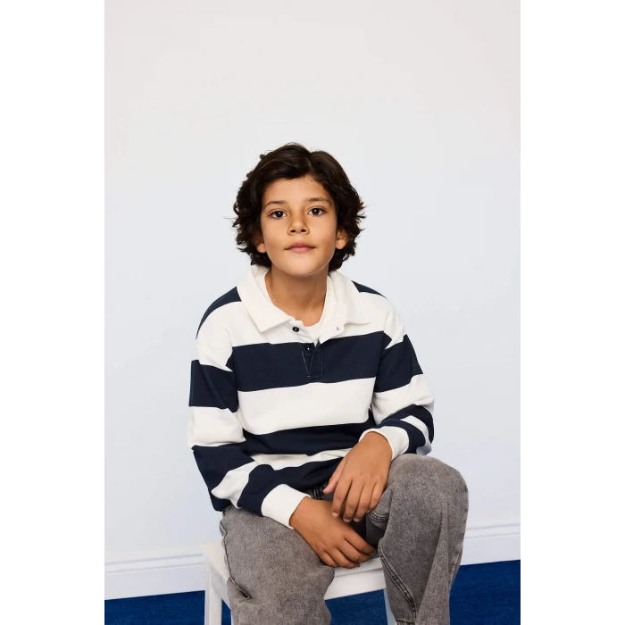 Defacto F5750A8NV135 Lacivert Erkek Çocuk Polo Yaka Çizgili Sweatshirt