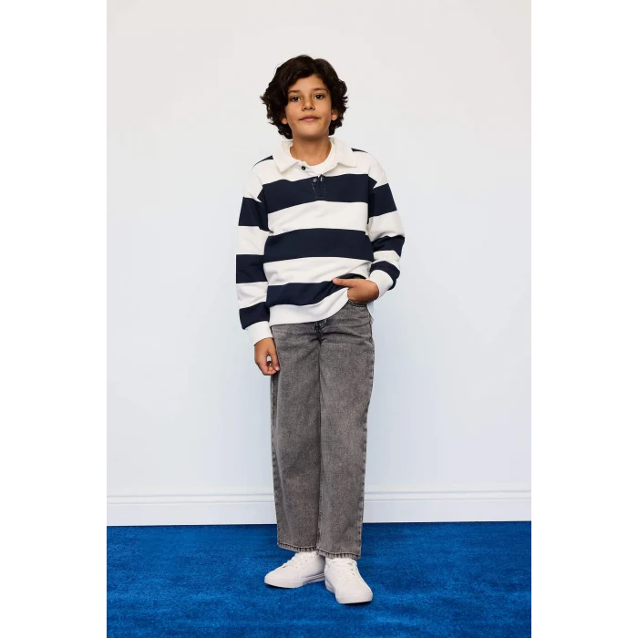 Defacto F5750A8NV135 Lacivert Erkek Çocuk Polo Yaka Çizgili Sweatshirt