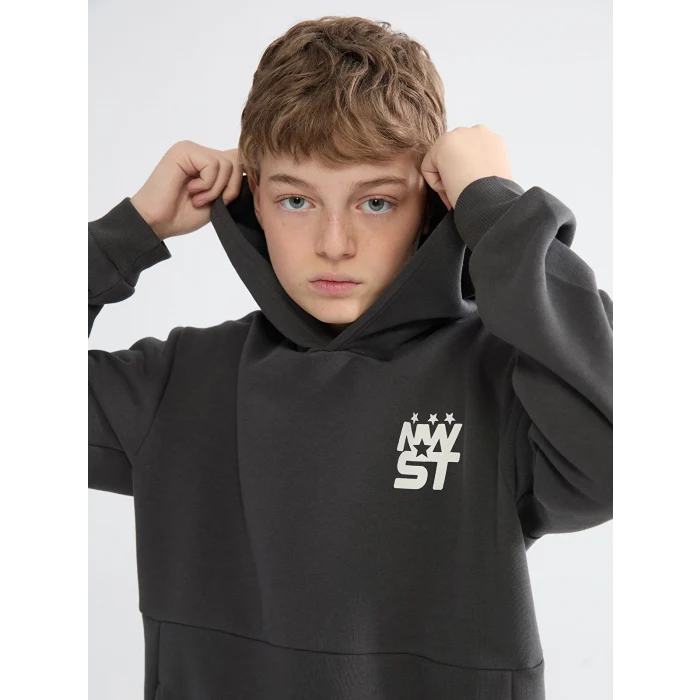 LCW Kids Antrasit Kapüşonlu Baskılı Erkek Çocuk Sweatshirt